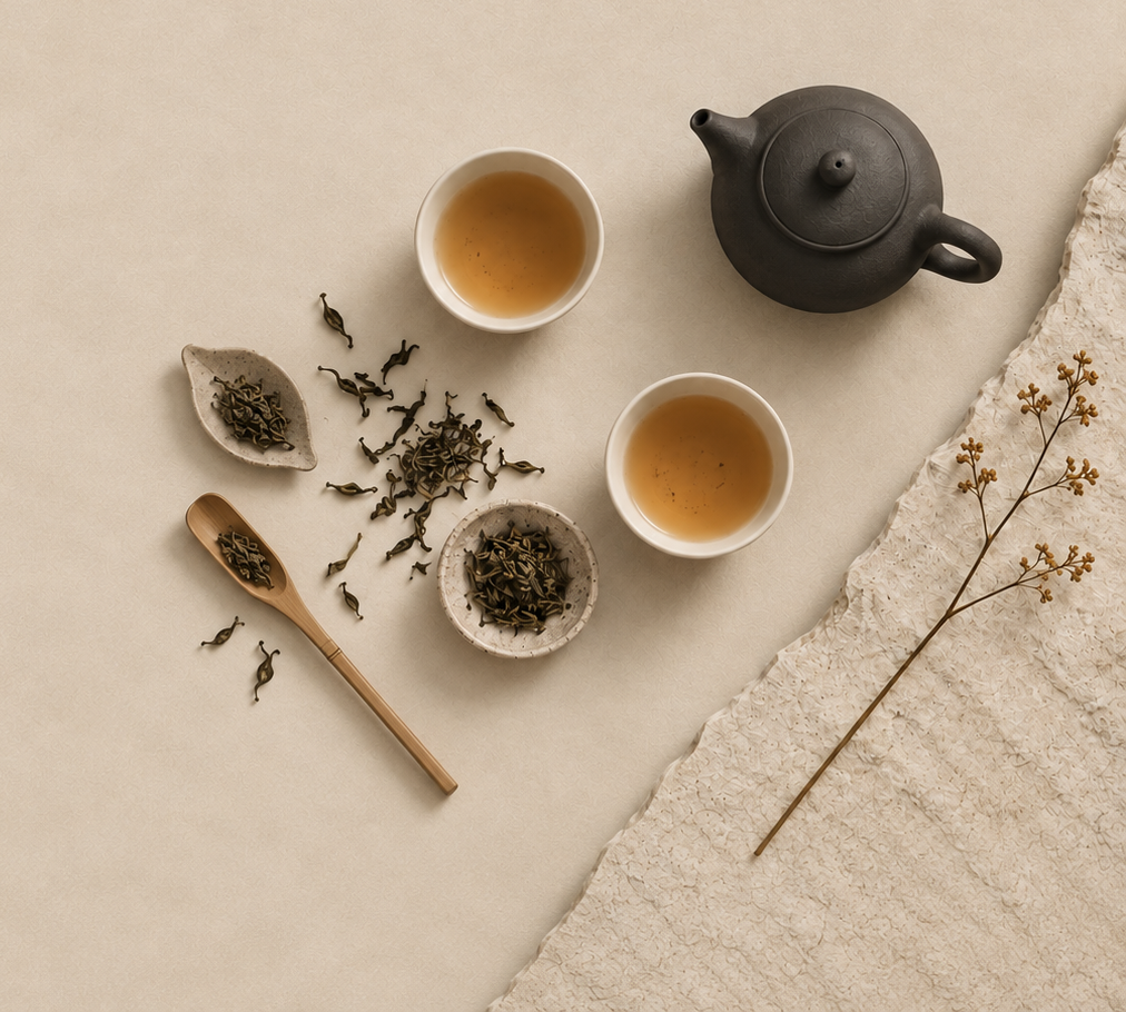 Minimalist tea ceremony still life with teapot, cups and loose tea